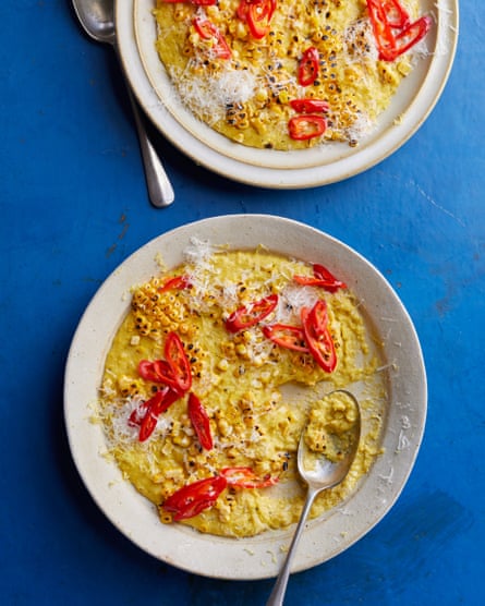 Ravinder Bhogal’s creamed corn cacio e pepe with toasted corn and pickled chillies.