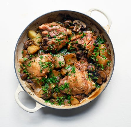 Nigel Slater’s recipe for chicken thighs with mushrooms and cider.