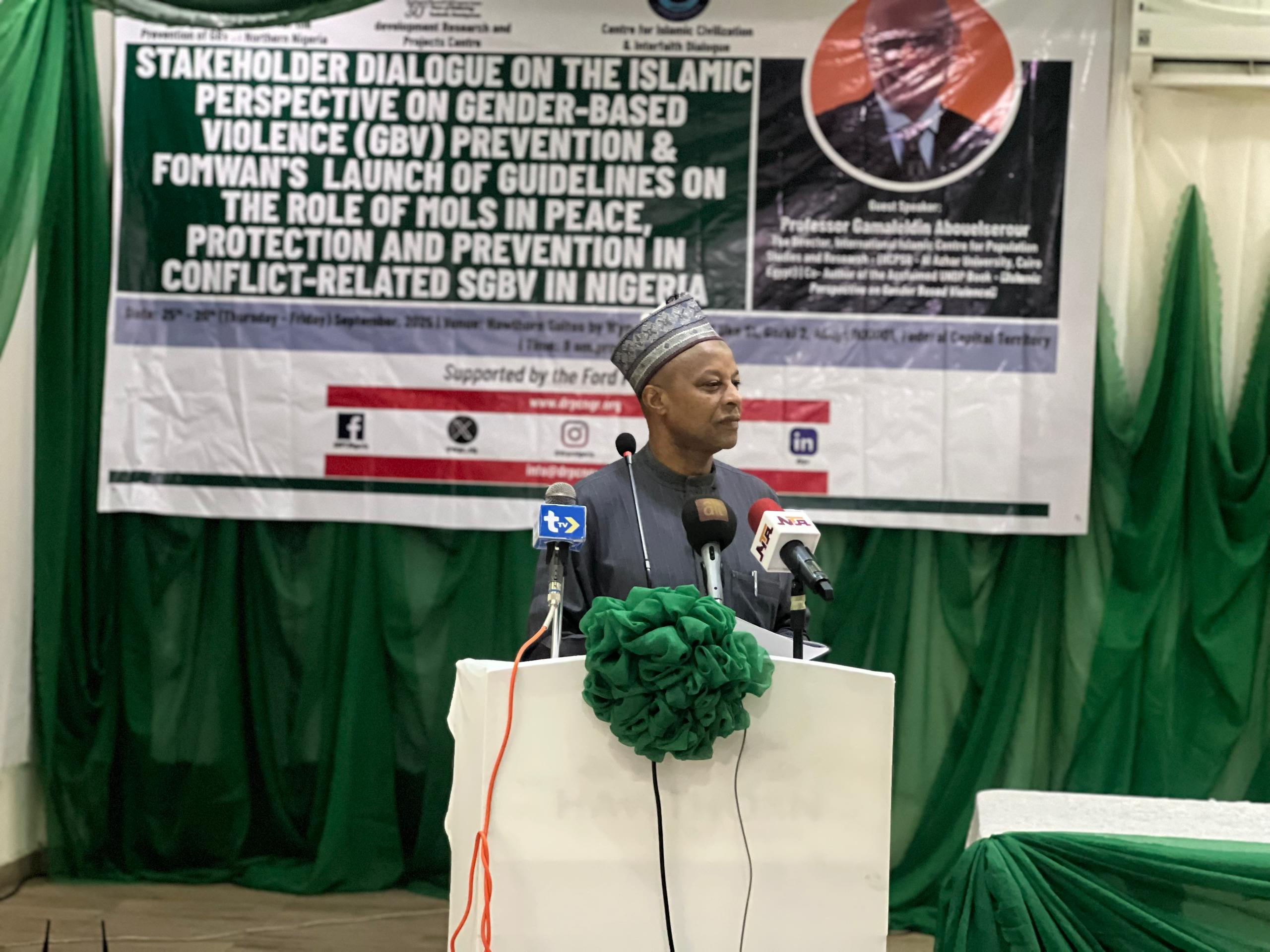 Master of Ceremony introduces the programme, Stakeholder Dialogue on the Islamic Perspective on Gender-Based Violence (GBV) Prevention and FOMWAN Launch of Guidelines on the Role of MOLs in Peace, Protection and Prevention in Conflict-Related SGBV in Nigeria.