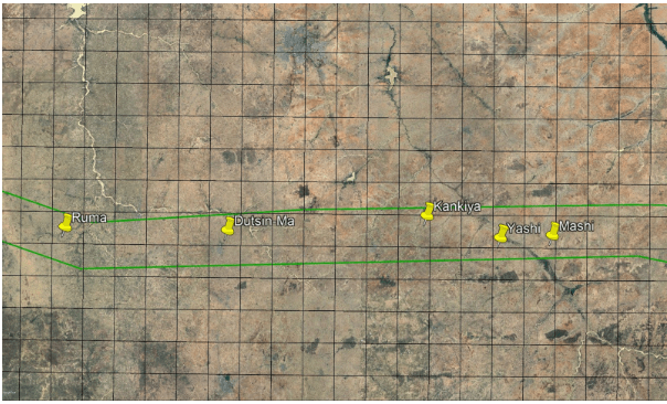 The green area is the GGW corridor passing through these communities. The boxes are areas divided into an 18-kilometre grid to cover a significant proportion of each GGW corridor in each local government.