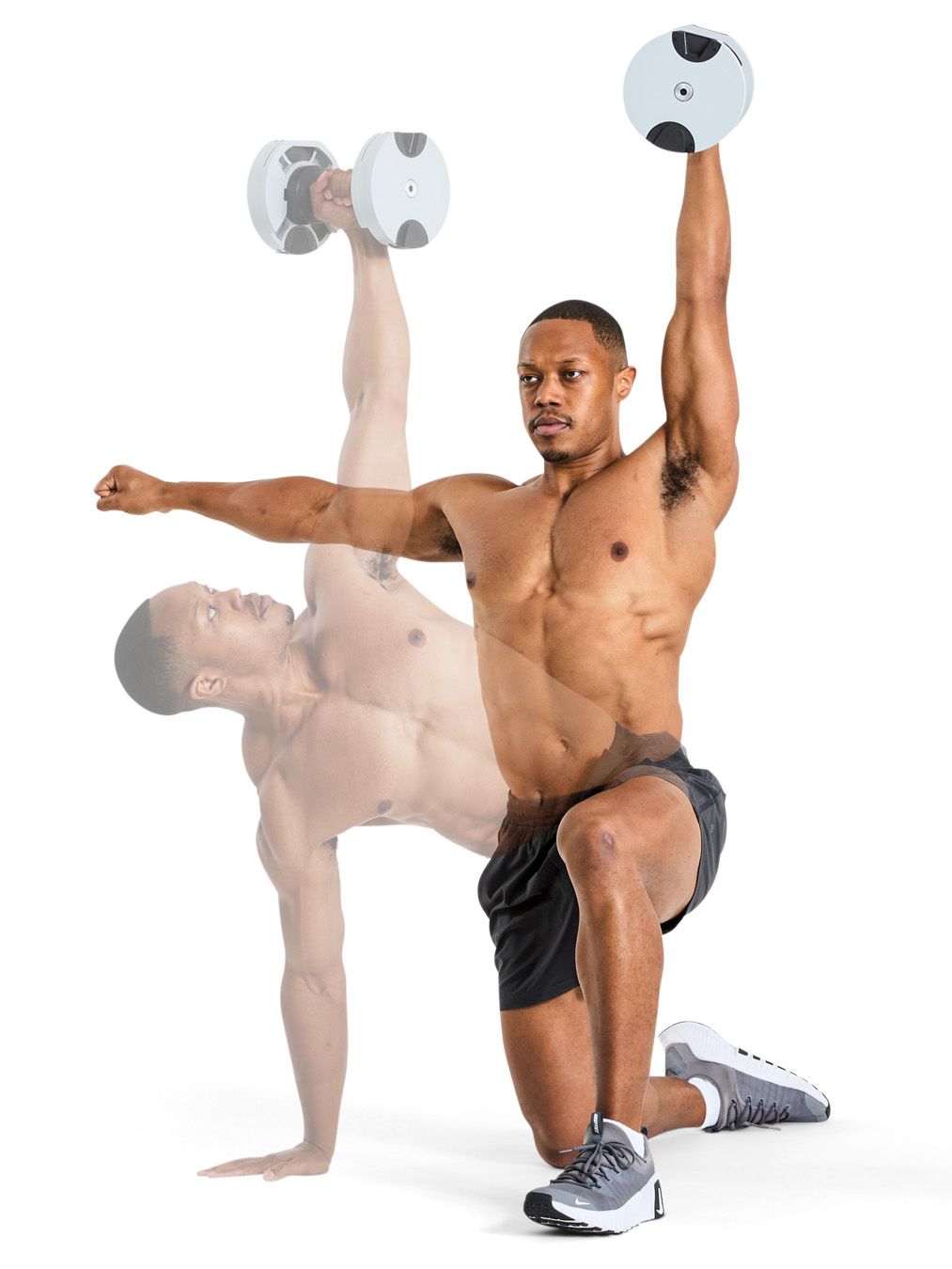 Half-Kneeling Windmill.jpg demonstration of an overhead dumbbell press exercise in a lunging position