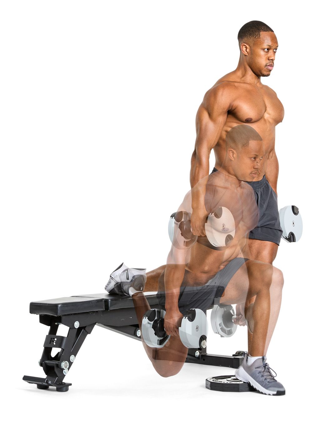 Heels-Elevated BSS.jpg demonstration of a dumbbell exercise focusing on strength training