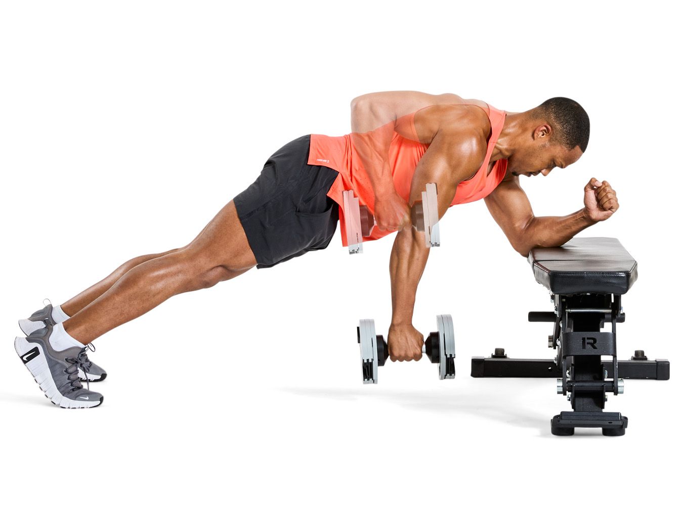 Paused Plank Row.jpg individual performing a workout with dumbbells and a bench