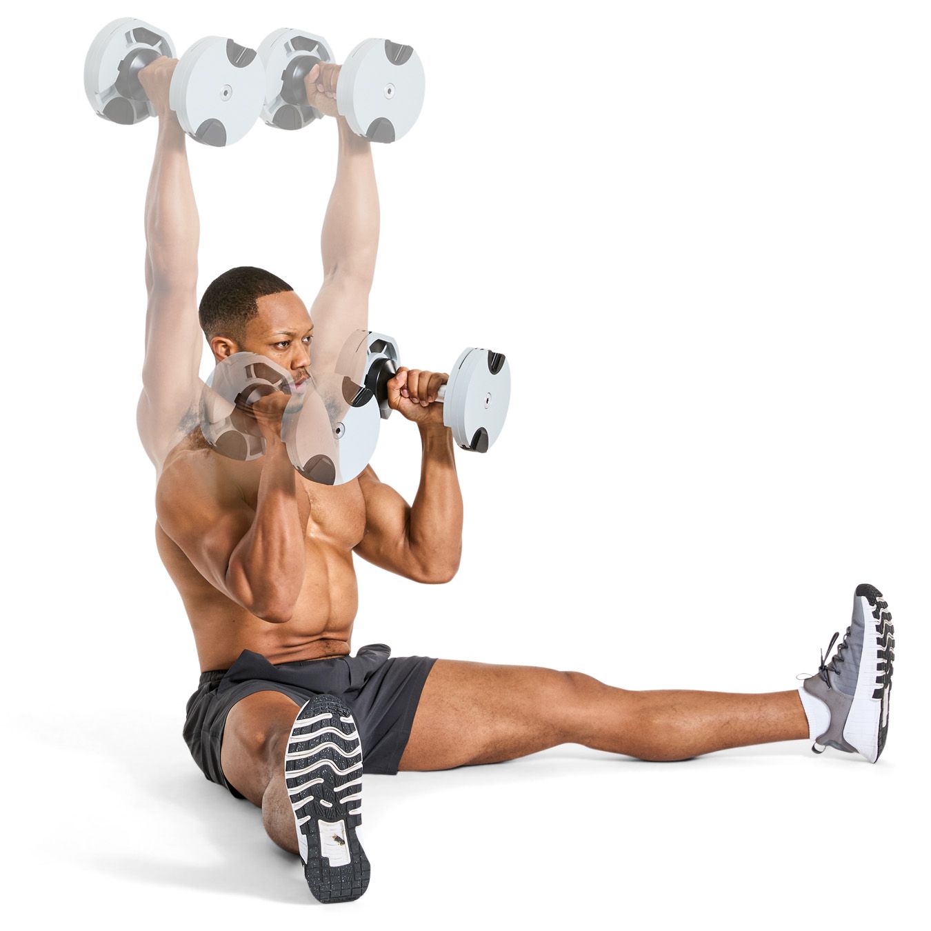 Z Press.jpg demonstration of a seated dumbbell shoulder press exercise