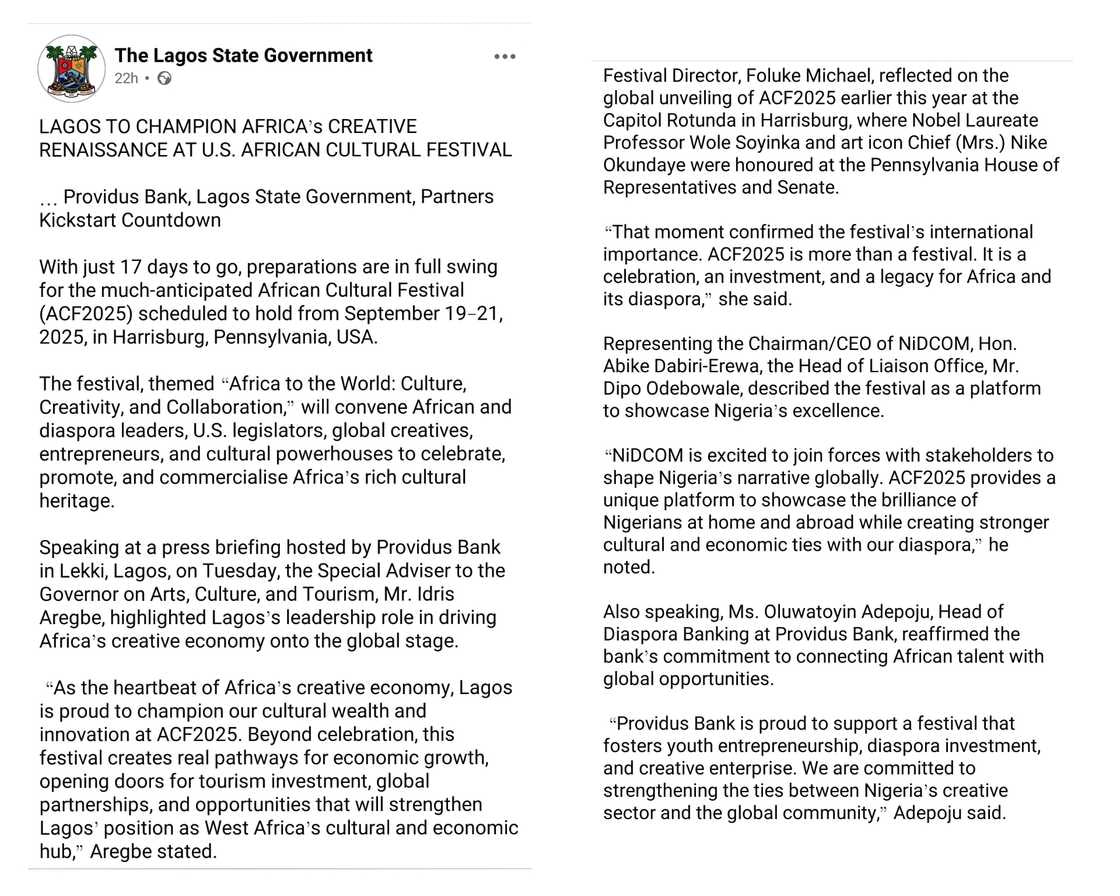 Lagos to head the African Cultural Festival in USA